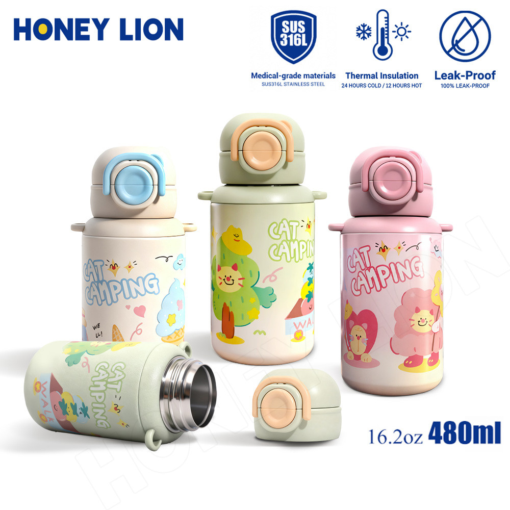 HoneyLion  กระติกน้ำ 480ml กันรั่ว เก็บอุณหภูมิ 2 แบบ - การ์ตูนสัตว์น่ารัก เปิดหนึ่งกด มีสายคล้อง พกไปเที่ยว