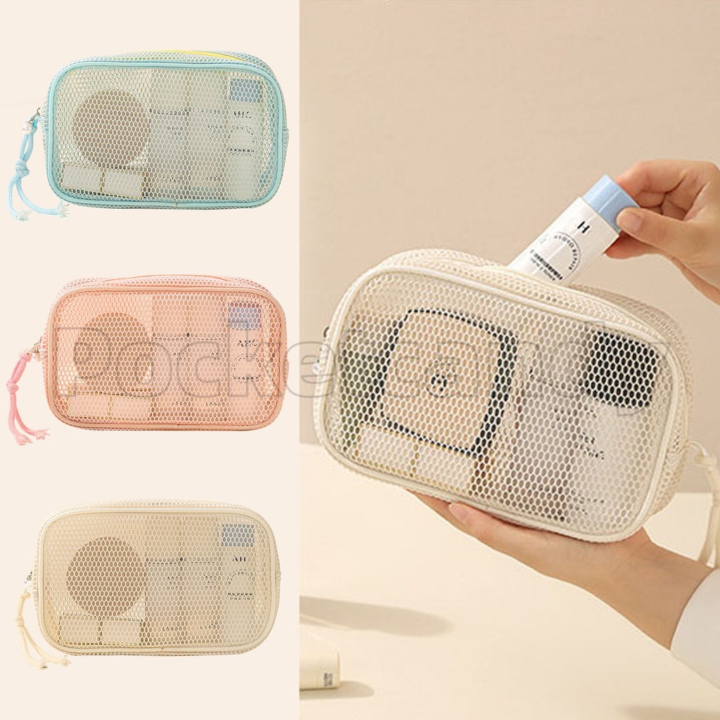 สีมาการอง ตาข่ายใสกระเป๋าแต่งหน้าเครื่องสําอางของผู้หญิงอุปกรณ์อาบน้ําบรรจุภัณฑ์การจัดเก็บกระเป๋าถือกระเป๋าแบบพกพาจัด
