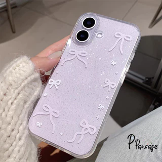 สำหรับ IPhone 13 17 16 Air 15 12 11 14 Pro Max XR X XS 7 8 14 15 6 Plus โรแมนติกสีชมพูโบว์ผูกปมผงซิลิโคนแวววาวฝาครอบใส