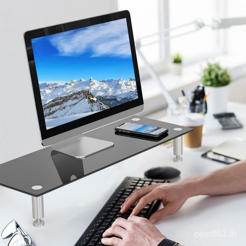 เดสก์ท็อปโน้ตบุ๊ค Monitor สีดํายกระดับ Rack คอมพิวเตอร์ Storage Rack กระจกนิรภัยขาตั้งคอมพิวเตอร์ D2