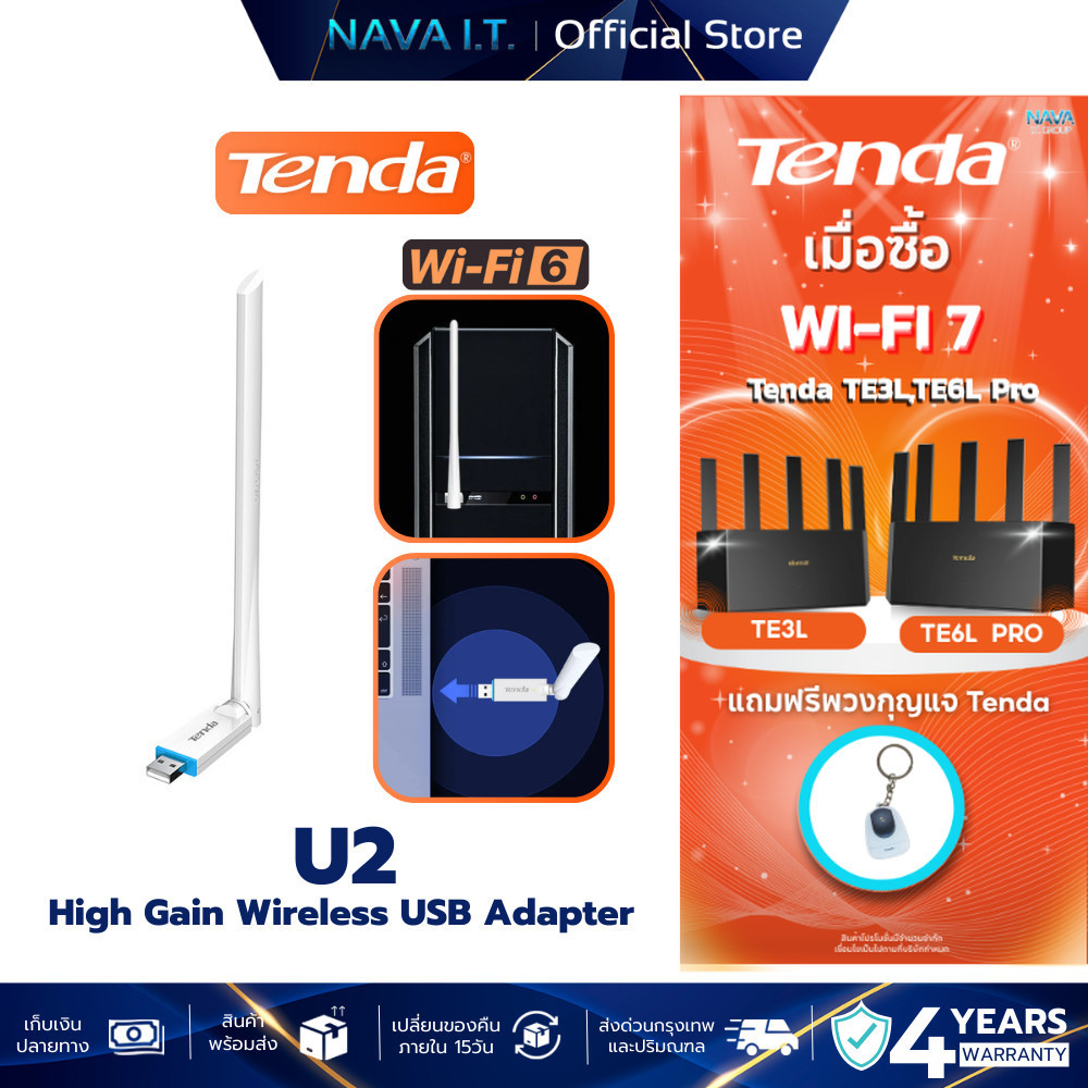 Tenda U2 ตัวรับสัญญาณ WiFi 6 AX300 High Gain Wireless USB Adapter (U2) ประกันศูนย์ 4 ปี