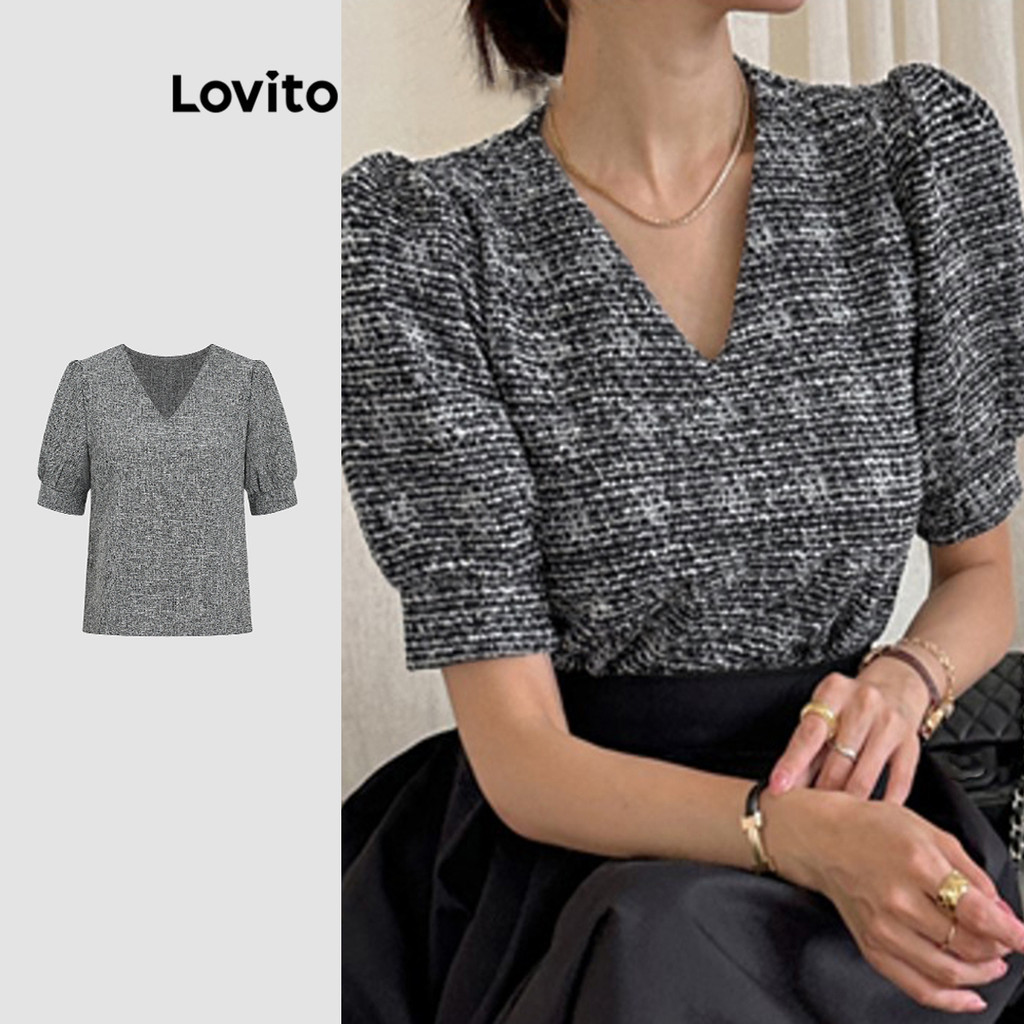 Lovito เสื้อเบลาส์ สง่างาม เสื้อเบลาส์สีพื้นสําหรับผู้หญิง L113MD134