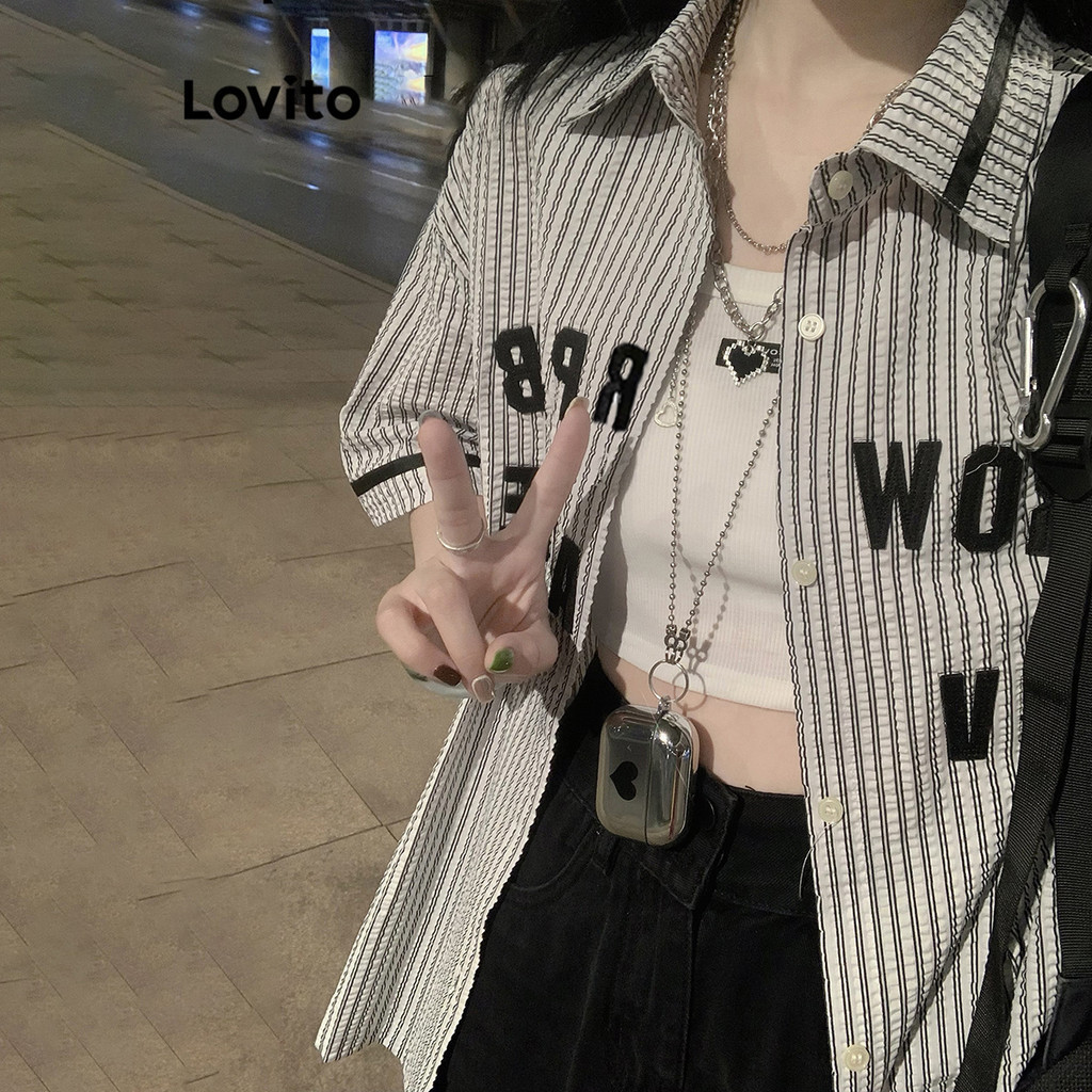 Lovito เสื้อลําลองลายเรขาคณิต Polopolo เสื้อหลวม ย้อนยุคอเมริกันเสื้อแฟชั่นสําหรับผู้หญิง LNA50032