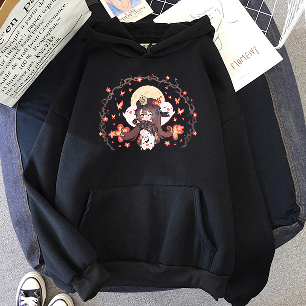 🥼 【boxy hoodie】 ฮาโลวีน Genshin Impact Hu Tao Hoodie Harajuku Hoodies ความงามน่ารักกราฟิก Pullovers M-3XL