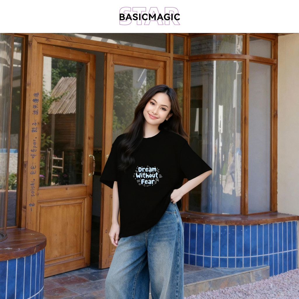 เสื้อยืดสีดำหลวมพร้อมข้อความ 'Dream Without Fear' Athletic, Basic, Street Style, Oversize 0016