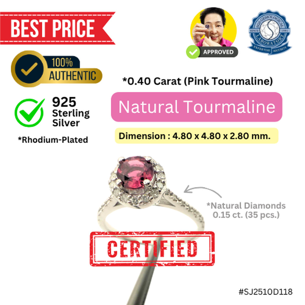 แหวนเงิน ทัวมาลีนสีชมพู (Round Mixed, 0.40 ct.) และเพชรธรรมชาติ (0.15 ct. x 35 pcs.) Size #53 (925 S