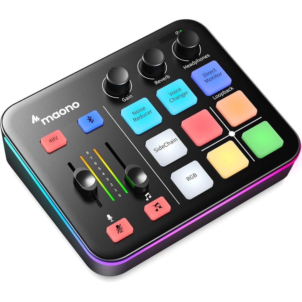 MAONO Gaming Audio Mixer, Audio Interface with Pro-preamp, RGB, Bluetooth, 48V Phantom Power for Liv