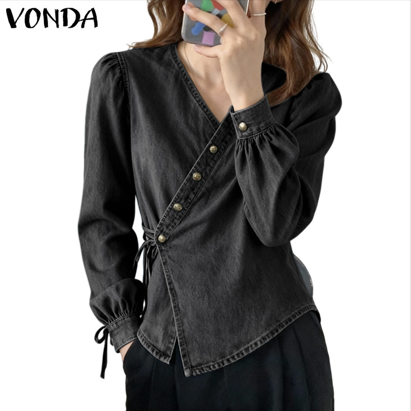 VONDA เสื้อลำลองสไตล์เกาหลีสำหรับผู้หญิง ดีไซน์ปกเอียงและคอวี แขนยาวทำจากผ้ายีนส์จริง