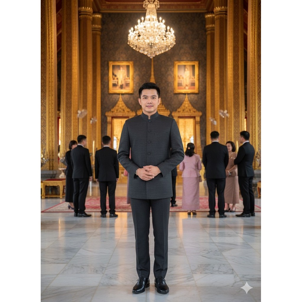 เสื้อสูทผู้ชาย ชุดพระราชทาน ผ้าไทย ไหมไททานิค แขนยาว อัดกาว ไปงานศพ สีดำ พี่พิมพ์ ผ้าไทย