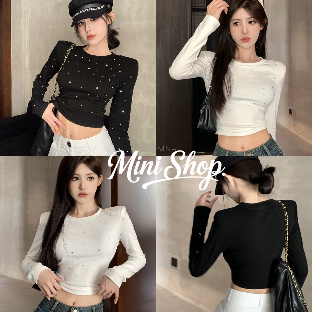 Mini shop🌸พร้อมส่ง(FY5003) เสื้อครอปแขนสั้น แต่งเพชร สีพื้นขาวดำ ใส่ได้ทุกวัน