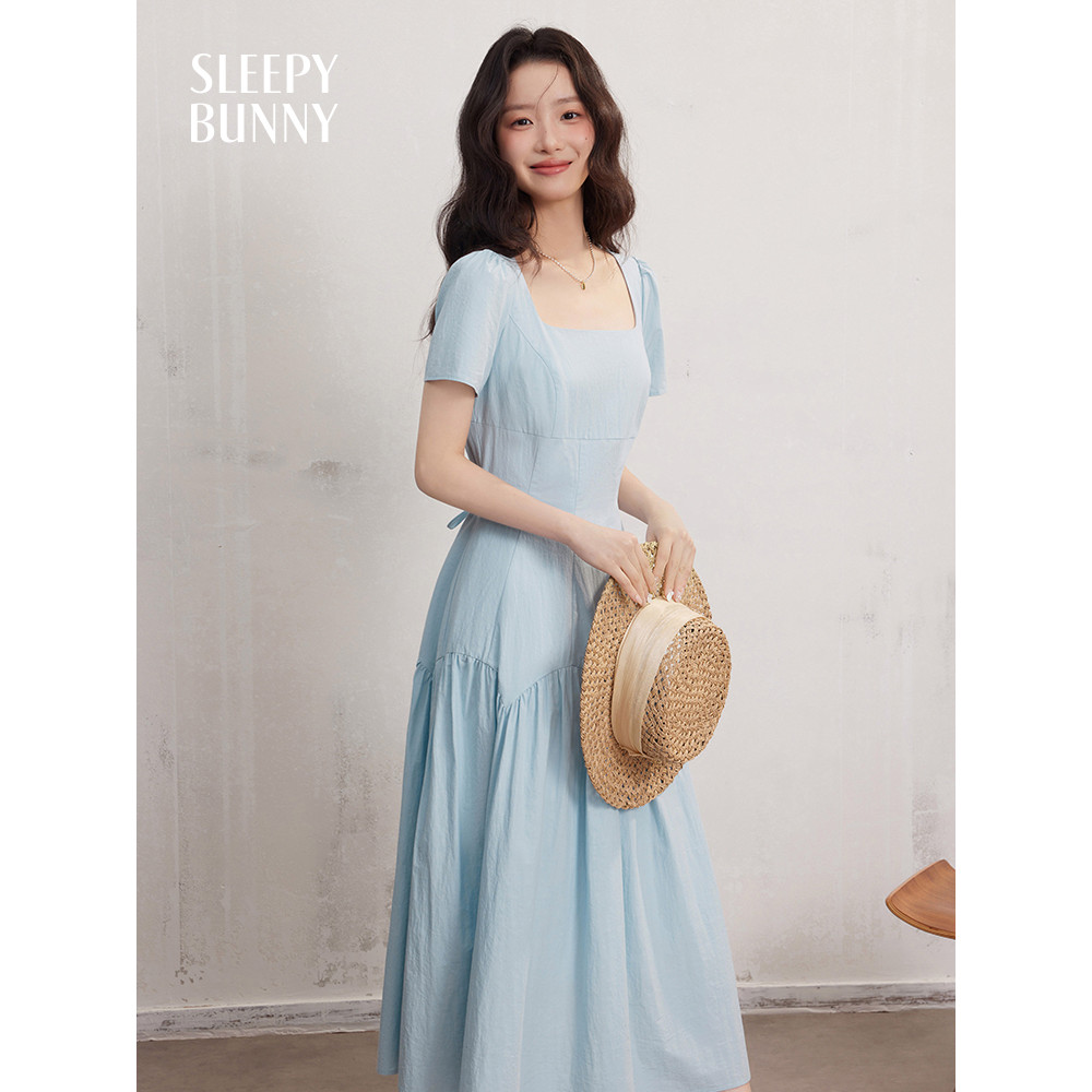 ชุดเดรสยาวแขนสั้นสำหรับฤดูร้อน สไตล์วินเทจ.slim fit a-line มีเอวซิมปิดให้ดูสง่างามและเรียบร้อย