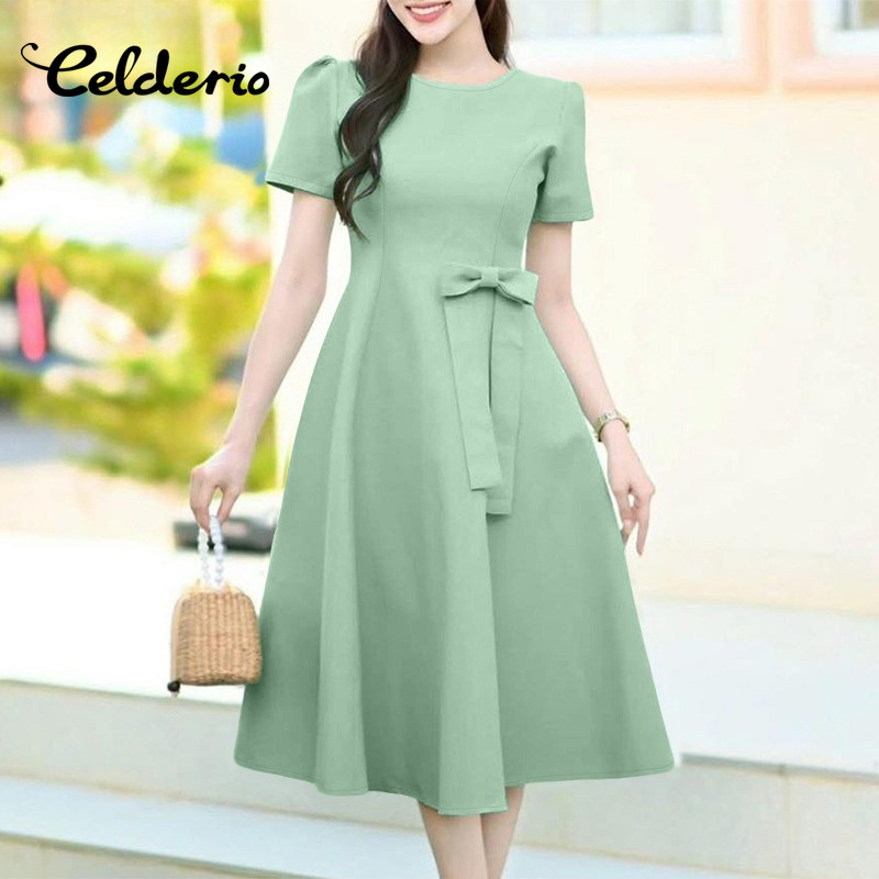 Celderio สาวสไตล์เกาหลี ดีไซน์แขนสั้นพัฟBowknot เอวเปรี้ยว A-line มิดิครบทุกดีต