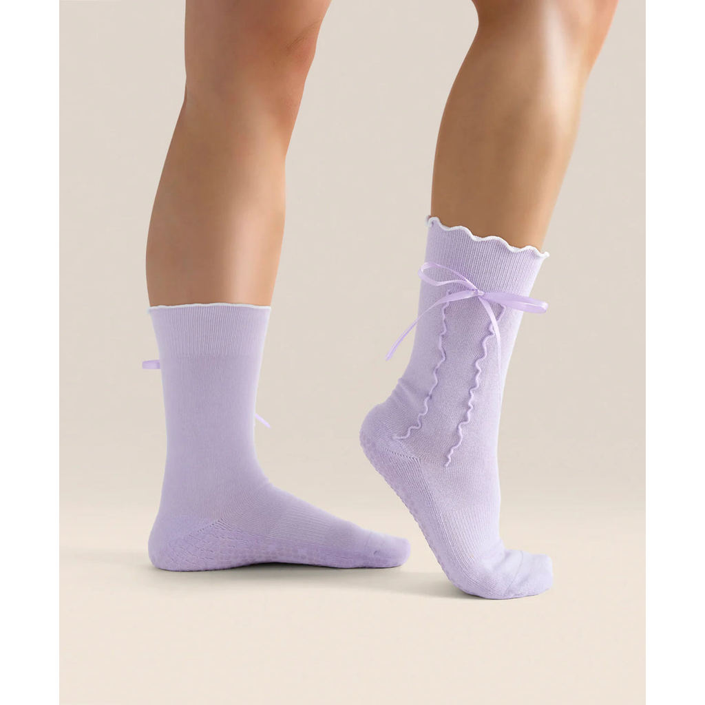MoveActive Pilates Non Slip Grip Socks - Lavender Bow - Move Active Socks - Yoga Barre Pilates Grip 