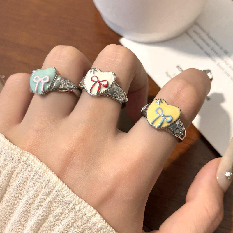 COD-ในไทย💖หวาน น่ารัก โบว์ หัวใจ เปิด แหวน ผู้หญิง หรูหราเบาๆ เฉพาะกลุ่ม เรียบง่าย ไฮเอนด์ แหวนนิ้วชี้