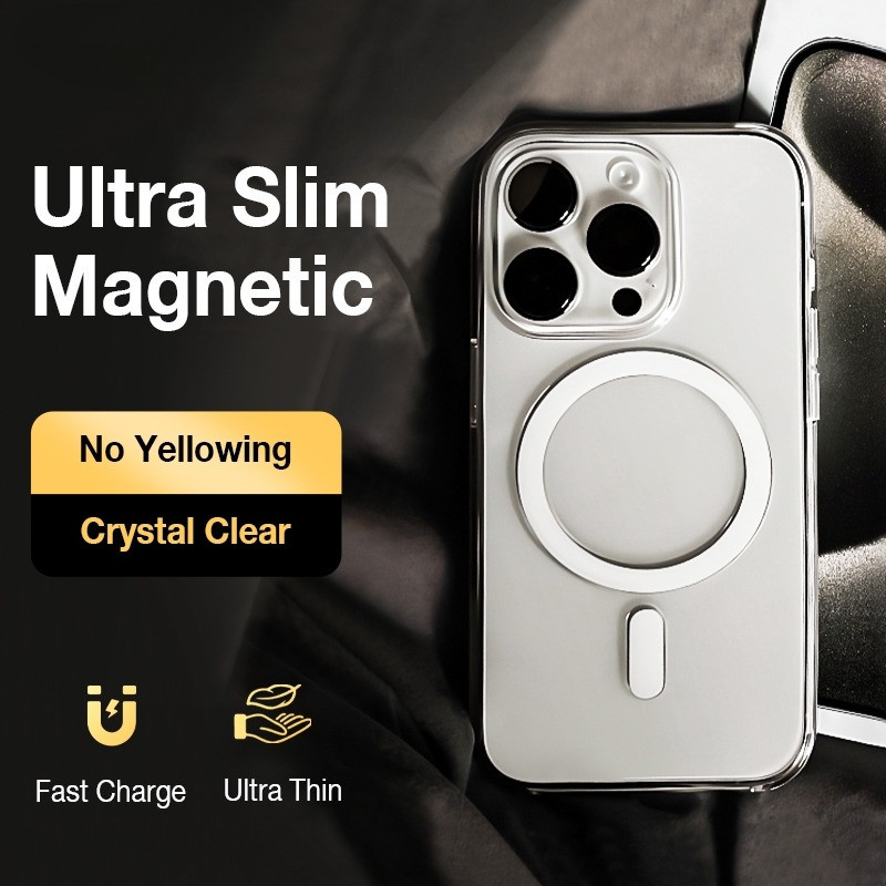 Ultra SlimSantypochสําหรับแม่เหล็กคริสตัลใสเคสโทรศัพท์สําหรับiPhone 17 16 15 14 13 12 Pro Max Non-สีเหลืองฝาครอบ PCโปร่งใสสําหรับiPhone 16 15 Plus