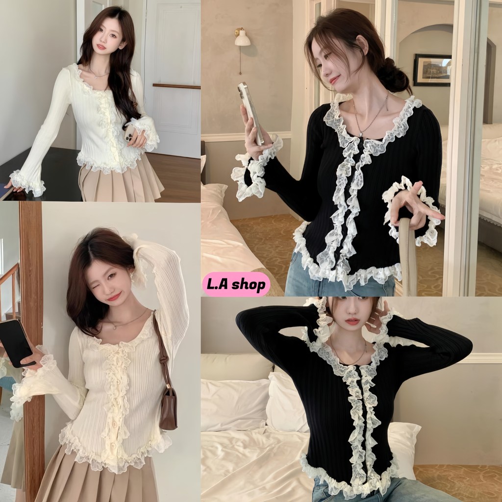 L.A Shop★เสื้อคุณภาพดี เสื้แขนยาวคอกลม แต่งดีเทลลายลูกไม้ สไตล์เกาหลี ผ้าใส่สบาย