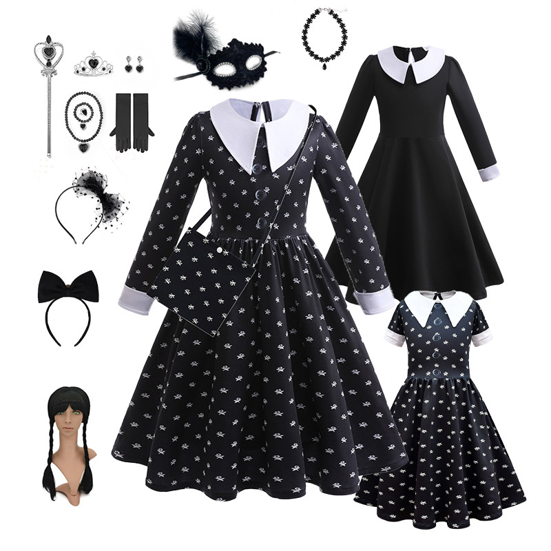 ชุด christmas เด็ก christmas dress ชุดคอสเพลย์ Wednesday Addams สีดำ สำหรับงานปาร์ตี้ฮาโลวีนและคาร์เ