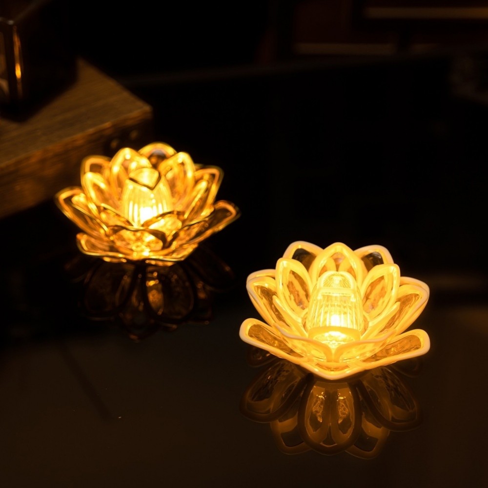 【SMELLSHI】Red Gold LED Electronic Candle Lotus Flower Lamp Buddha Offering Light Flameless