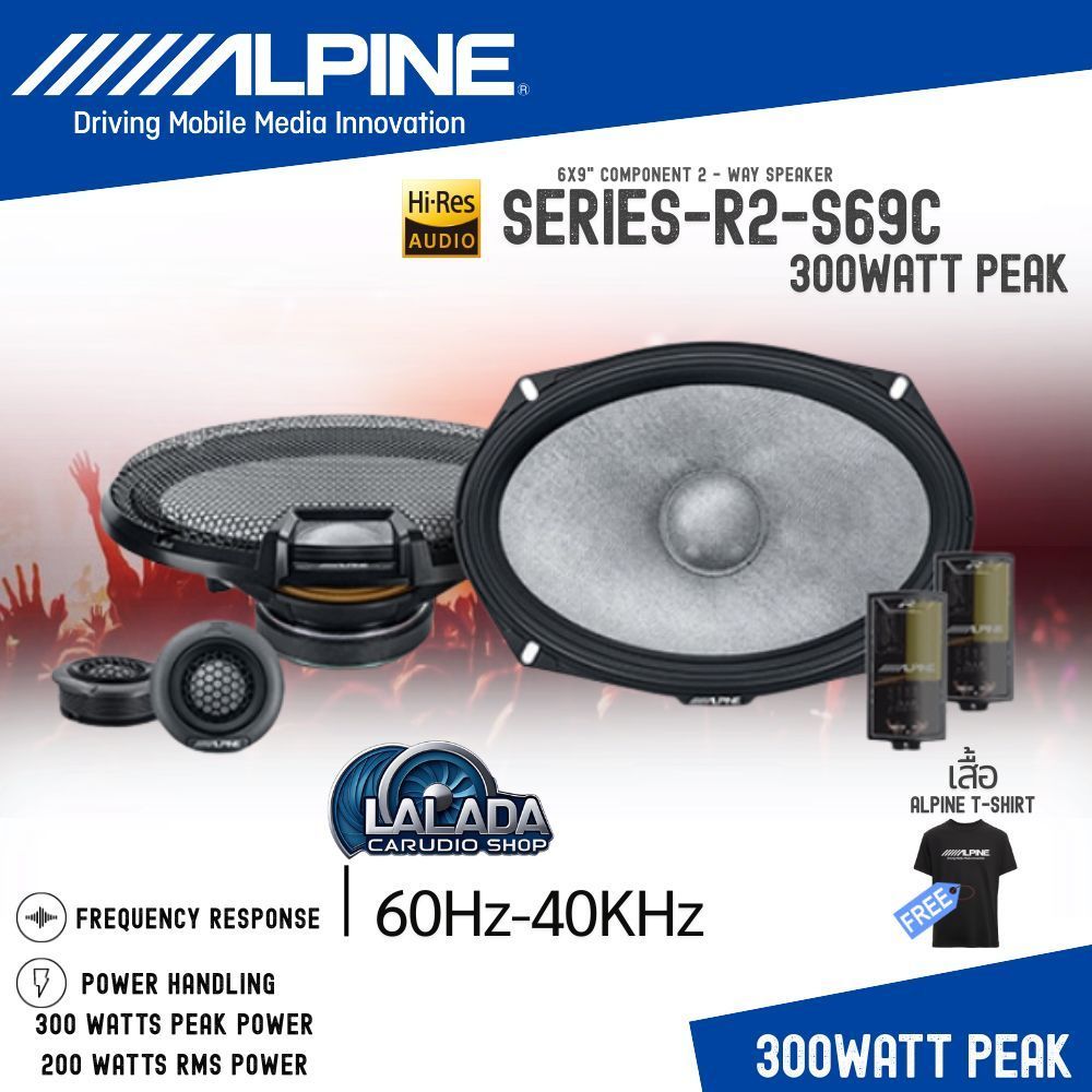 LALADA SHOP ALPINE - R2-S69C ลำโพงติดรถยนต์ 6X9นิ้ว HI-RES แยกชิ้น 2ทาง COMPONENT 2WAY 65Hz-40KHZ ขอ