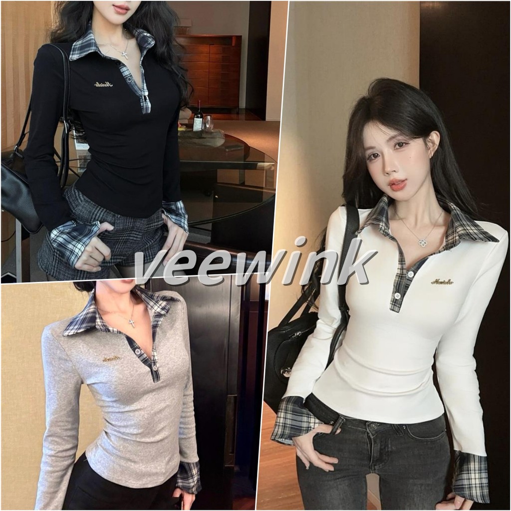 Veewink เสื้อเชิ้ตแขนยาว สไตล์อเมริกันสาวเกิร์ล คอโปโล ลายสกอต สองชิ้นในหนึ่ง กระชับตัว