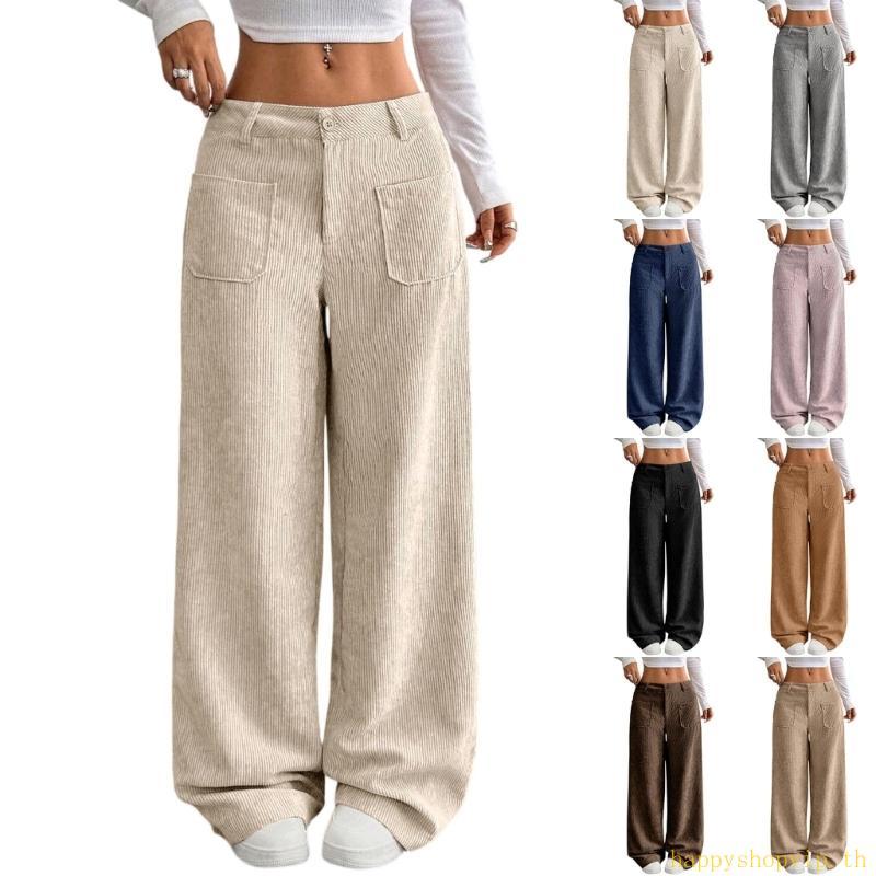 HSV Corduroy Pts สําหรับผู้หญิงลําลองเอวติดกระดุมยืดหลวม Fit ขากว้าง Pts พร้อมกระเป๋า