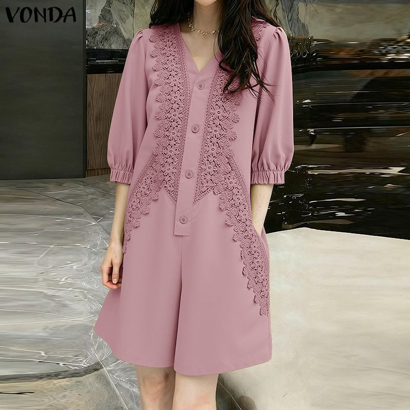 VONDA ผู้หญิงเกาหลีสไตล์หรูหรา V คอลูกไม้ Patchwork Single-Breasted ขากว้างฤดูใบไม้ผลิ/ฤดูร้อน Jumpsuits — صورة 5