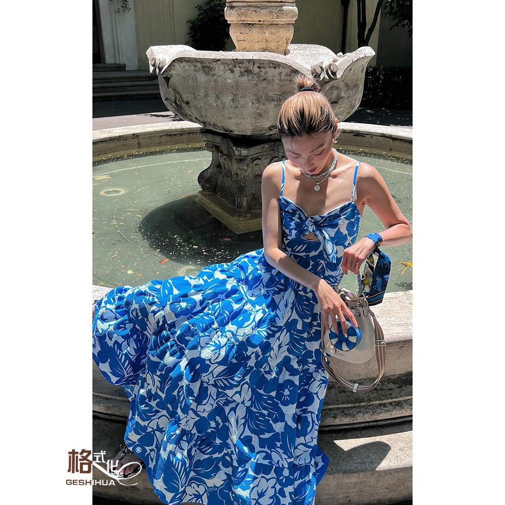 Southern France Holiday Hollow Bow Sling Dress Blue Tropical Rainforest Style Dress Island Vacation 