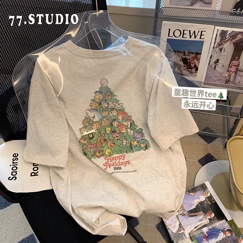 พร้อมส่งจากกรุงเทพ🚀christmas🎄เสื้อยืดผ้าฝ้ายลายการ์ตูนแขนสั้นสไตล์คริสต์มาสสวมใส่สบายเสื้อเชิ้ตลำลองต้นคริสต์มาสoversize