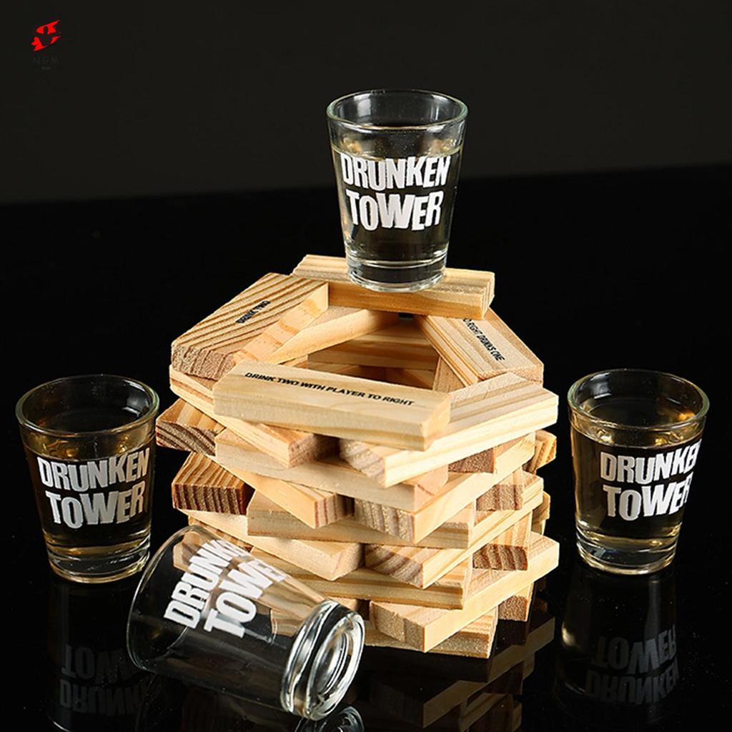 ชุดเกมดื่ม Jenga ไม้พร้อมบล็อกพิมพ์ 60 ชิ้นและถ้วยช็อต 4 ถ้วยสําหรับปาร์ตี้สนุกผู้ใหญ่สังคม Gatherin