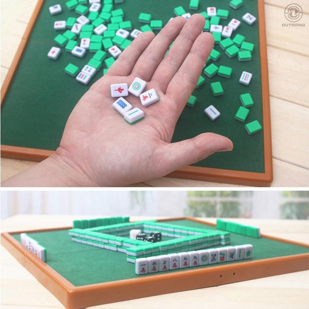 [OUSG] Mini Mahjong Set with Folding Mahjong Table Portable Mah Jong Game Set For Travel Family Leis