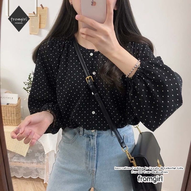เสื้อแขนยาวสีดำสำหรับผู้หญิง แบบชีฟองสไตล์ฝรั่งเศส ทรงหลวม พิมพ์ลายจุด เหมาะสำหรับฤดูหนาว