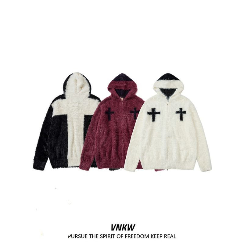 EERS Cruciate Flower Plush Hooded Cardigan Coat สำหรับทั้งผู้ชายและผู้หญิง