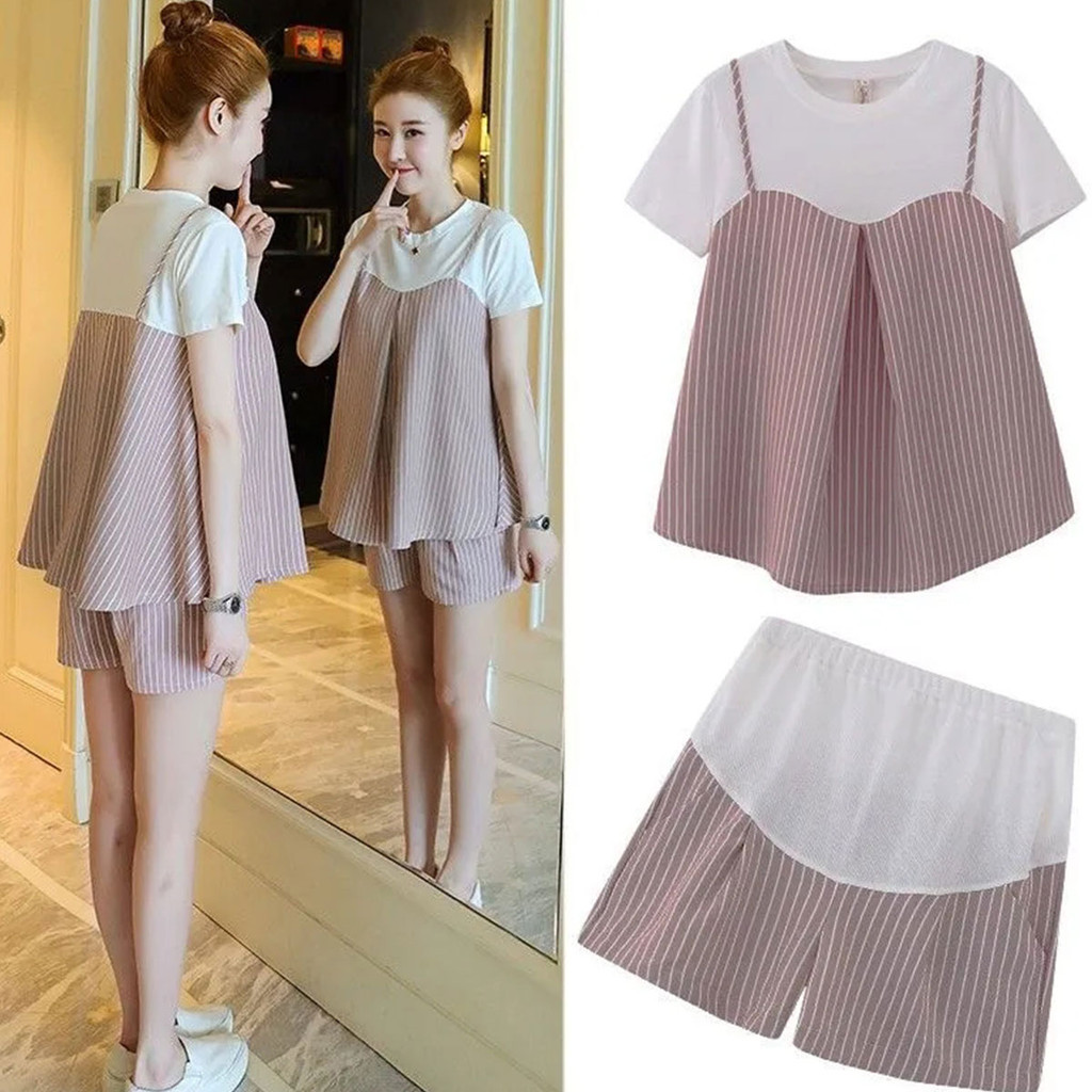 ชุดคลุมท้องลายทาง 2 ชิ้น แขนสั้น ทรงหลวม มีสไตล์และสวมใส่สบาย