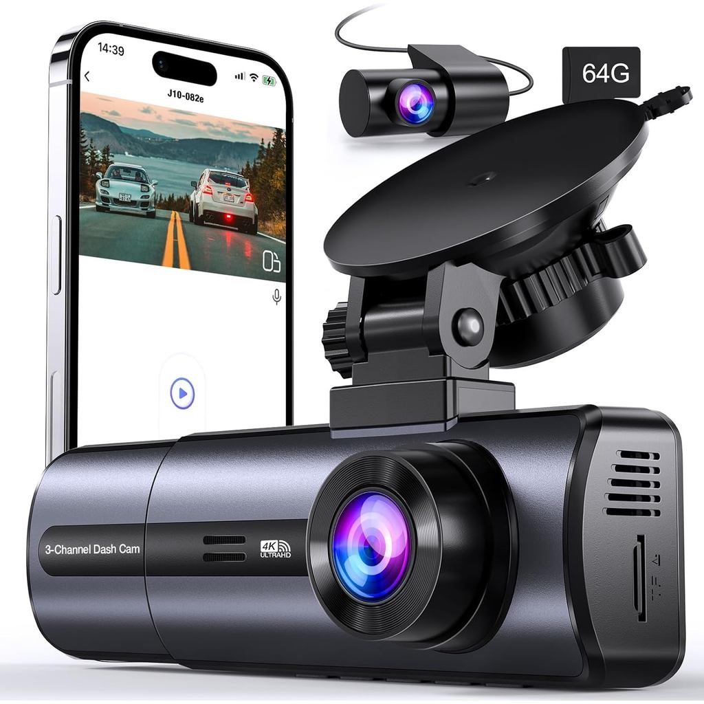 3 ช่อง 4K Dash Cam พร้อมการควบคุม WiFi และ APP 5GHz, 4K/2.5K+1080P + 1080P ด้านหน้าภายในและภายนอก, ก