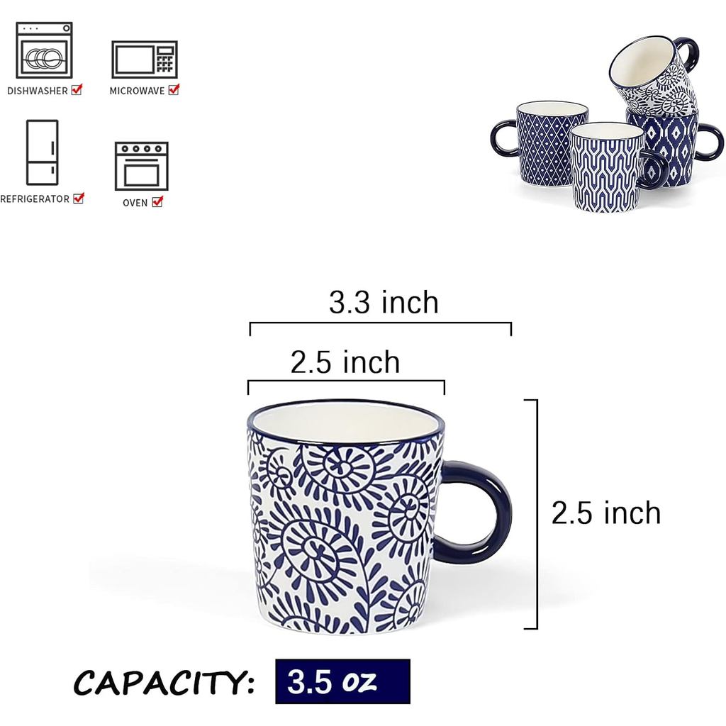 Selamica Ceramic 3.5 Oz Espresso Cups, Espresso Mugs 2.5 Inch Demitasse Cups, Mini Coffee Cups for L