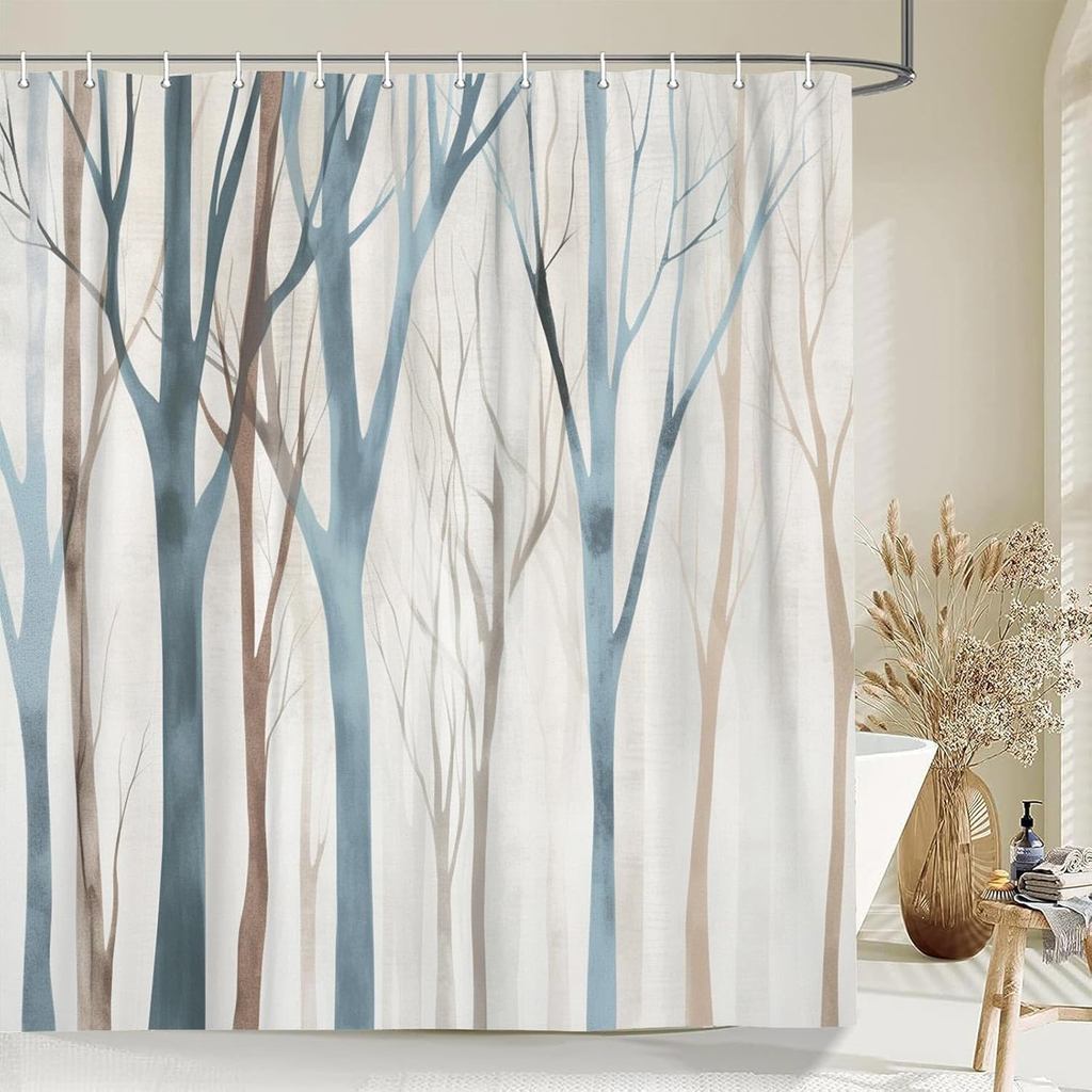 MERCHR Brown Blue Tree Fabric Shower Curtain, Art Style Abstract Birch Forest Rustic Wood Polyester 