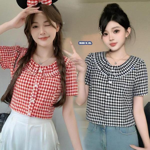 mimi&didi#เสื้อเชิ้ตลายสก็อตคอปกตุ๊กตาสำหรับผู้หญิง เสื้อครอปทรงเข้ารูปสีดำดูดีมีสไตล์ และดูอ่อนเยาว์สำหรับฤดูร้อน#99195