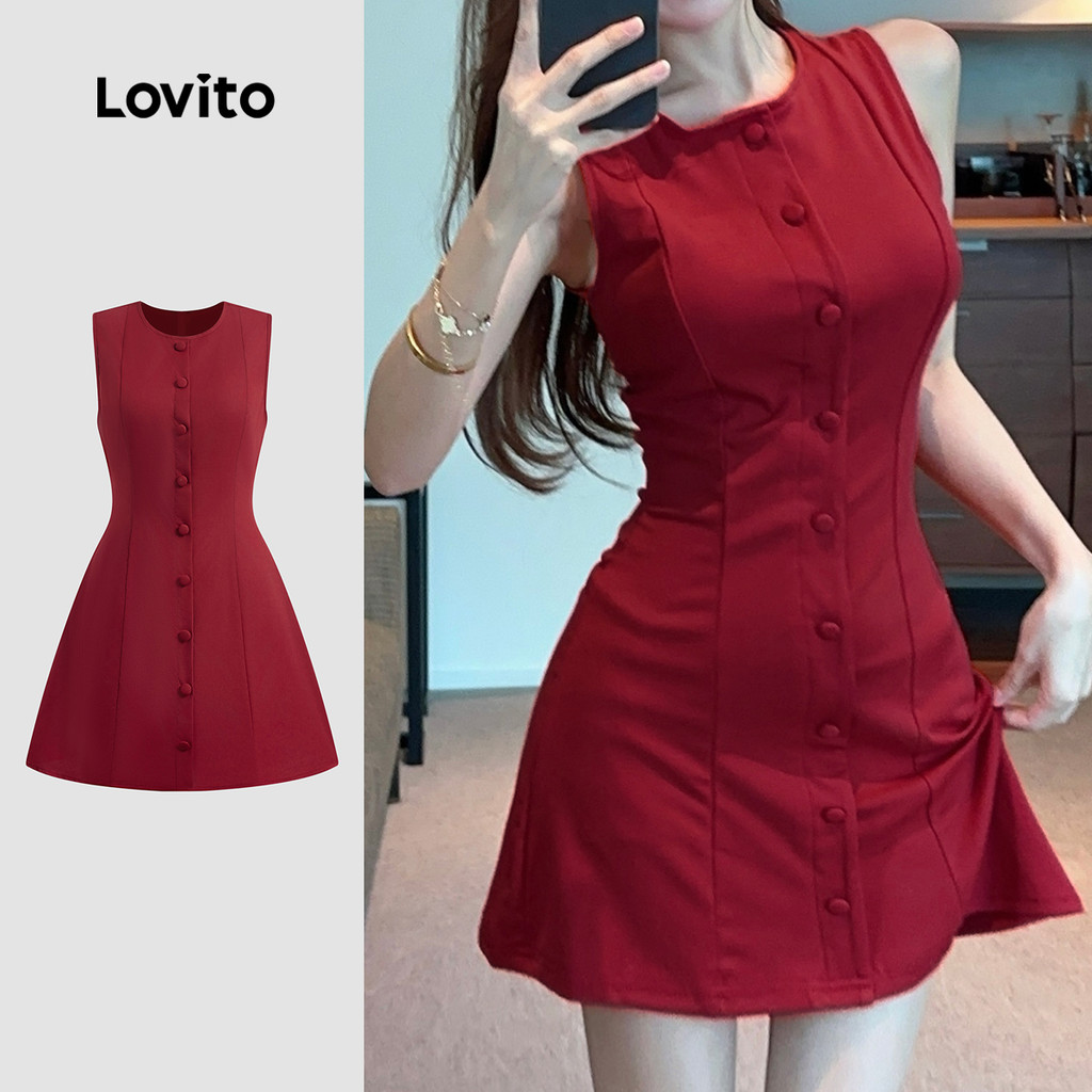 Lovito ชุดเดรสคริสต์มาส/ปาร์ตี้ลำลองติดกระดุมหน้า เดรสสีแดงเลือดหมูฤดูใบไม้ผลิ/ฤดูร้อนสำหรับผู้หญิง L150ED732