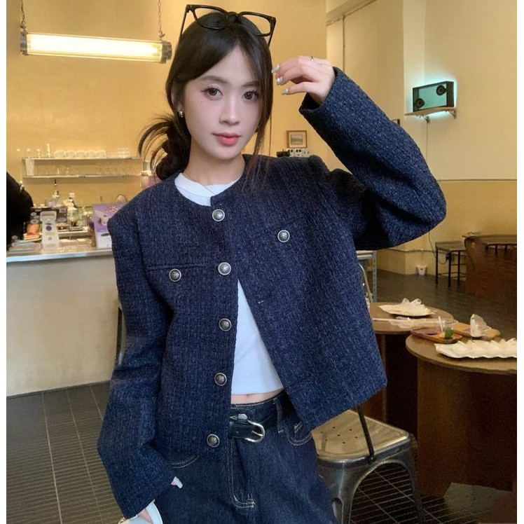 เสื้อแจ็คเก็ตสั้นลำลองแถวเดี่ยวย้อนยุคสไตล์ใหม่หลวมเสื้อแขนยาวสำหรับผู้หญิง