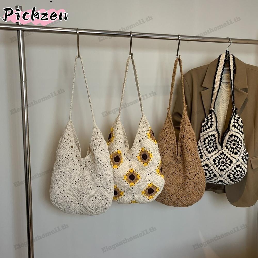 【ส่งจากประเทศไทย】PICKZEN กระเป๋า tote โครเชต์ มือ craftsmanship ทรง vintage พร้อมลายดอกไม้ Bohemian style