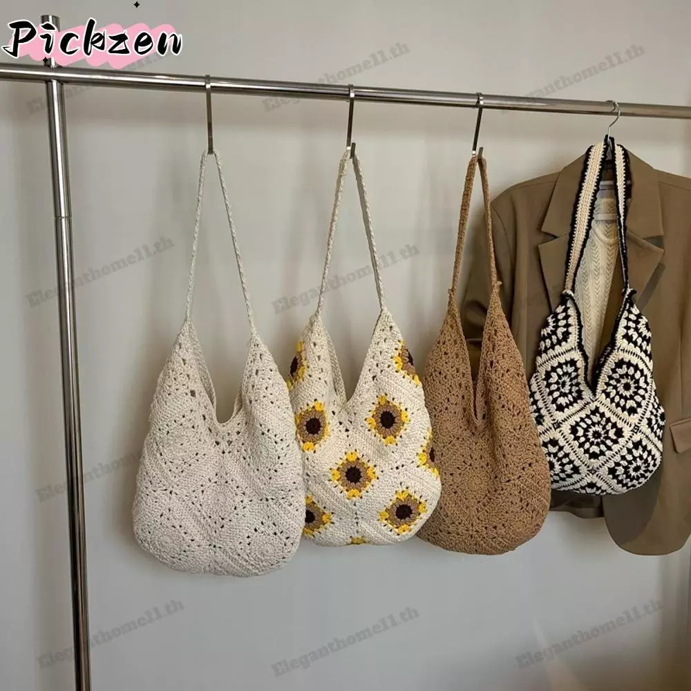 【ส่งจากประเทศไทย】PICKZEN กระเป๋า tote โครเชต์ มือ craftsmanship ทรง vintage พร้อมลายดอกไม้ Bohemian style