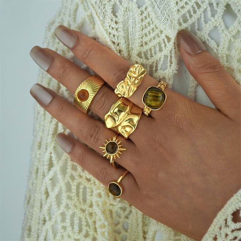 แหวนชุดVintage Pearl 5 พีซ ดีไซน์เรขาคณิตคริสตัล สแตคABLE ของขวัญเครื่องประดับสำหรับผู้หญิง