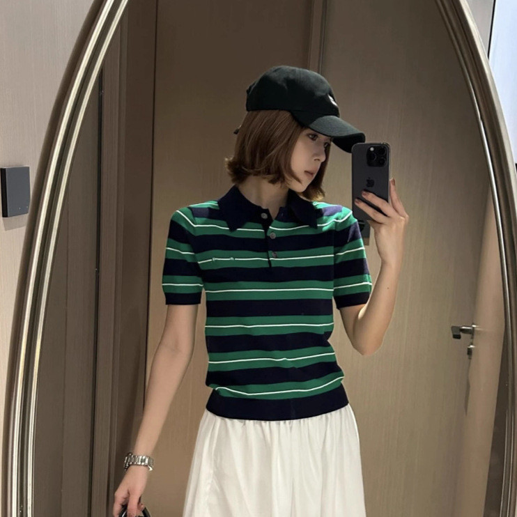 9F4O MI*U Short-sleeved Lazy Letter Logo Embellished Striped polo Knitted Short Sleeve