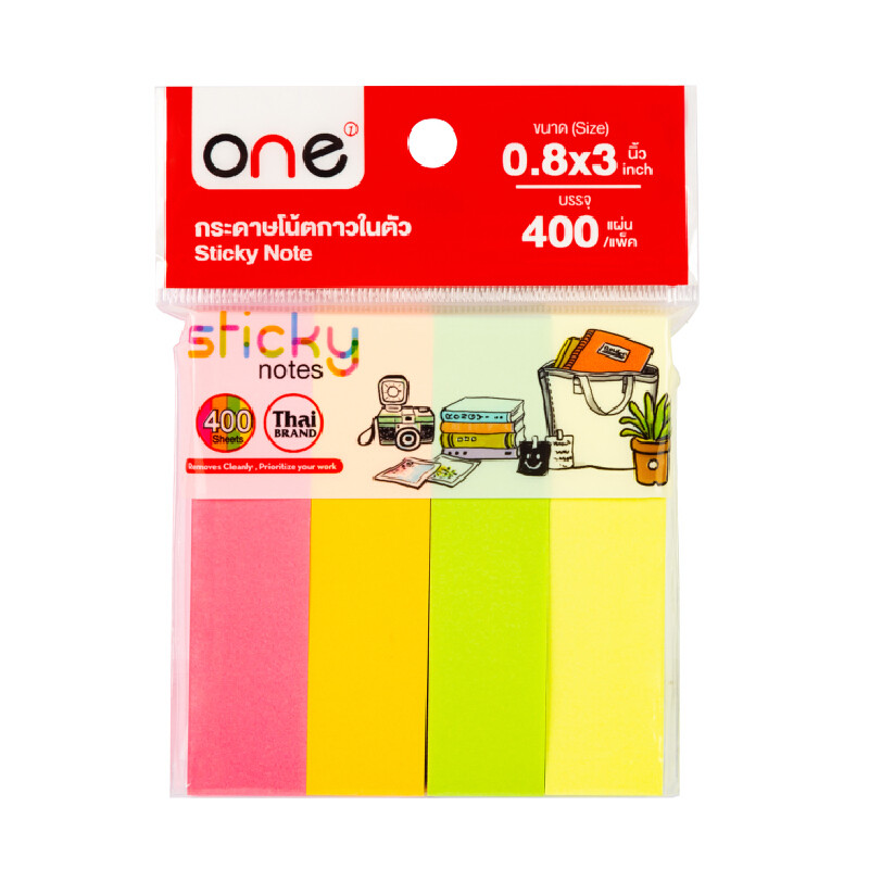 ONE กระดาษโน้ตกาวในตัว รุ่น 1220 คละสี 4 สี ขนาด 0.8x3 นิ้ว (400 แผ่น/แพ็ค)