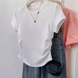 เสื้อยืดผู้หญิงผ้าฝ้าย แขนสั้น คอกลม สีขาว-ดำ-น้ำเงิน-เทา เสื้อยืดผ้าฝ้าย แขนสั้น