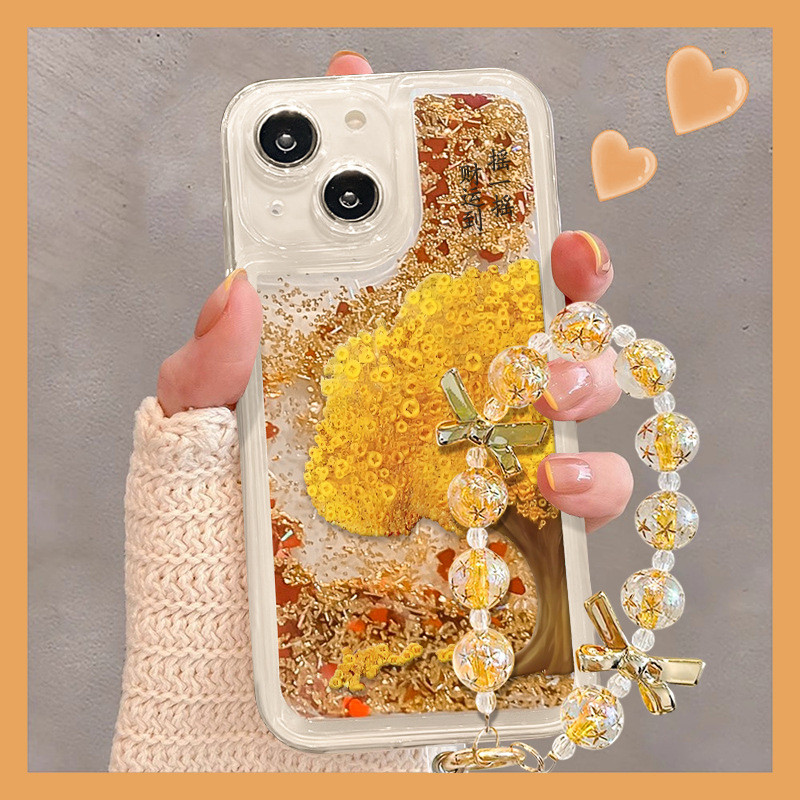 Gold Icons Quicksand Cover พร้อมสร้อยข้อมือสําหรับ iPhone17 16 Pro Max Case 15 14 12 13 11 Xs max 7 