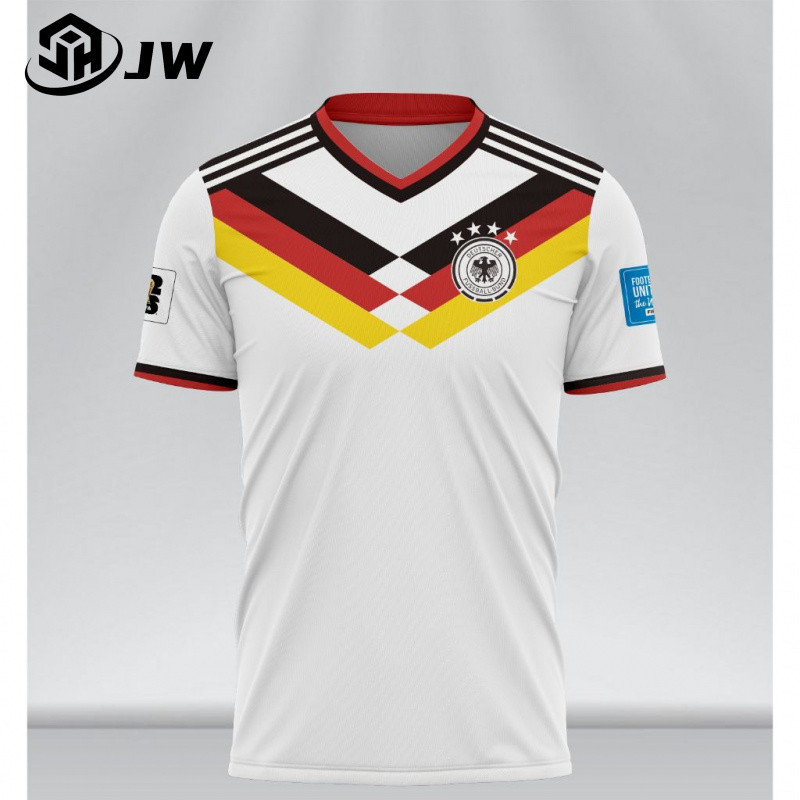 เสื้อทีมชาติเยอรมันปี 2026 สำหรับเล่นเกมเหย้า เสื้อยืดแขนสั้นสีขาวแบบ 3D พิมพ์ลาย V คอ