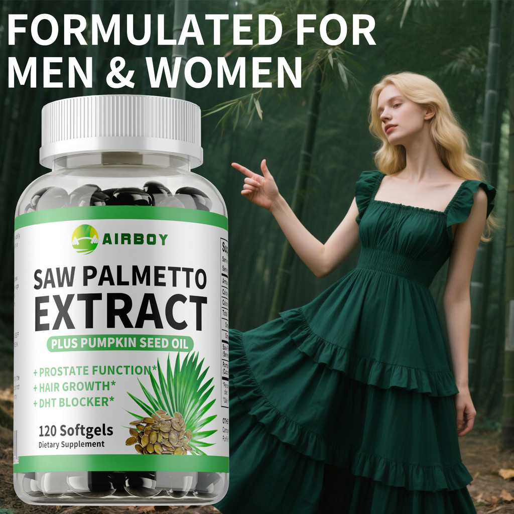 Airboy Saw Palmetto Extract พร้อมน้ํามันเมล็ดฟักทองรองรับฟังก์ชั่นต่อมลูกหมากและส่งเสริมการเจริญเติบโตของเส้นผม - 30/60/120 แคปซูล Made in USA