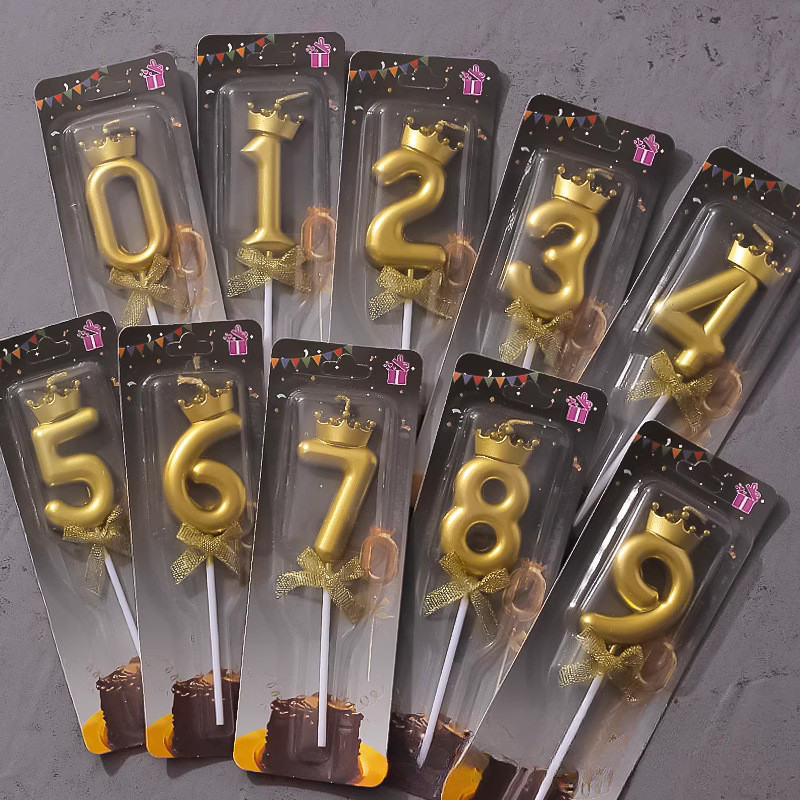เทียนตัวเลขมงกุฎโบว์น็อต สีแชมเปญ ทอง เงิน ผงสำหรับเค้กวันเกิด 0-9 เทียนแทรก ตกแต่งโต๊ะของหวาน