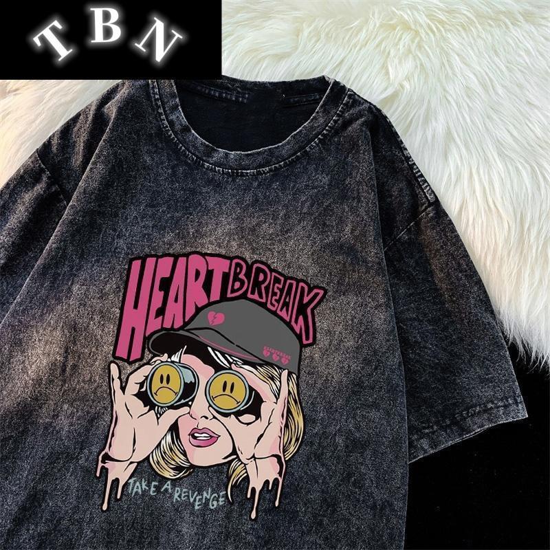 [TBN] เสื้อยืดฟอกขาวโอเวอร์ไซส์ผ้าคอตตอนแนวแฟชั่นฮิปฮอปเรโทร คอกลมทรงหลวมได้ใส่สบายฯ COTTON 100%ลวดล